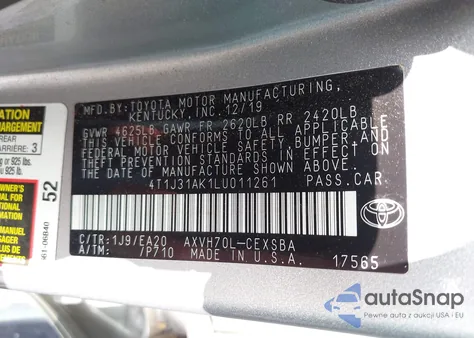 2020 Toyota Camry Se Hybrid из США, поврежденный, VIN 4T1J31AK1LU011261